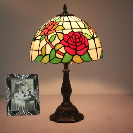 12 Inch European Stained Glass Rose Style Table Lamp