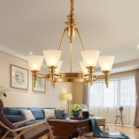 Round Fine Brass 6 Light Chandelier with Glass Shades