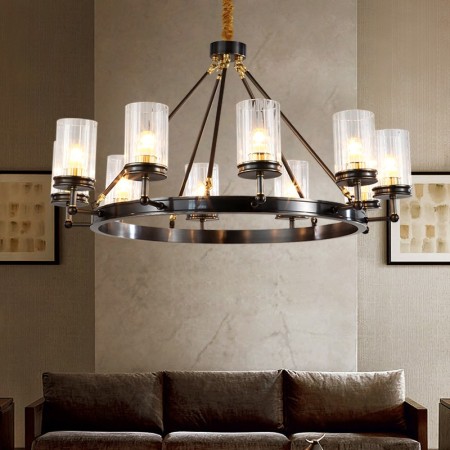 Black Fine Brass 10 Light Chandelier with Glass Shades