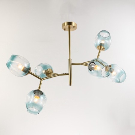 Fine Brass 6 Light Chandelier with Blue Glass Shades