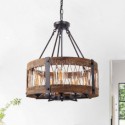 Retro Circular Wood Pendant Lamp 5 Light Cage Shade Light Fixture Living Room Kitchen