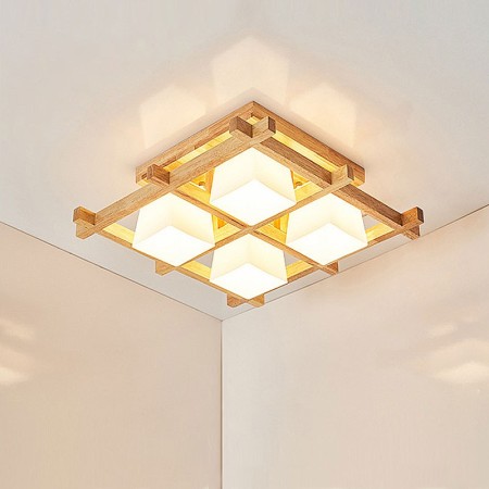 Nordic Square Grid Flush Mount Ceiling Light Rubber Wood Light Study Bedroom