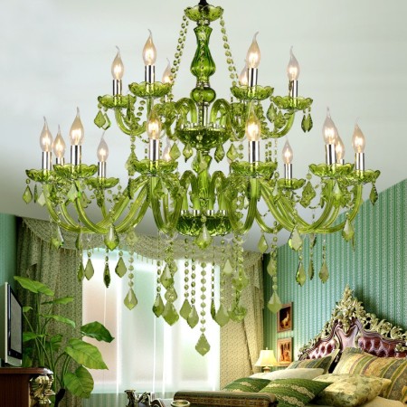 18 Light (12+6) 2 Tiers Green Candle Style Crystal Chandelier