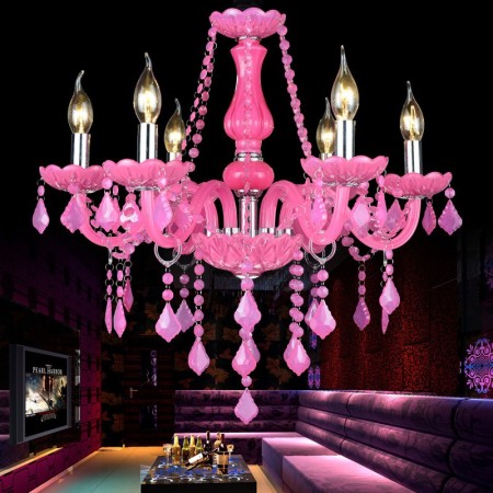 6 Light Pink Kids Room Candle Style Crystal Chandelier