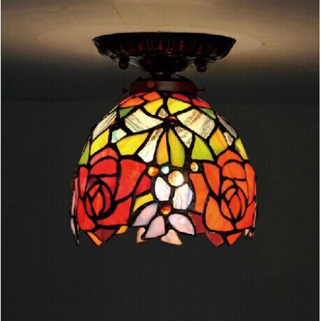 7 Inch Rose Stained Glass Flush Mount